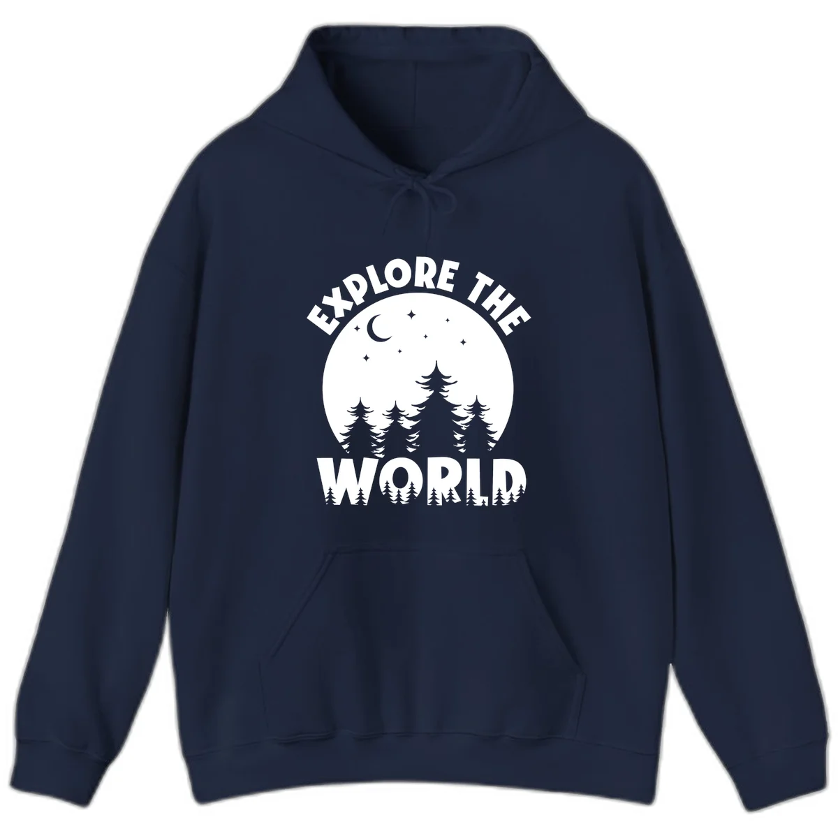 Silhouetted evergreen forest beneath a crescent moon and stars with 'Explore The World' text in a circular nighttime camping design in Navy