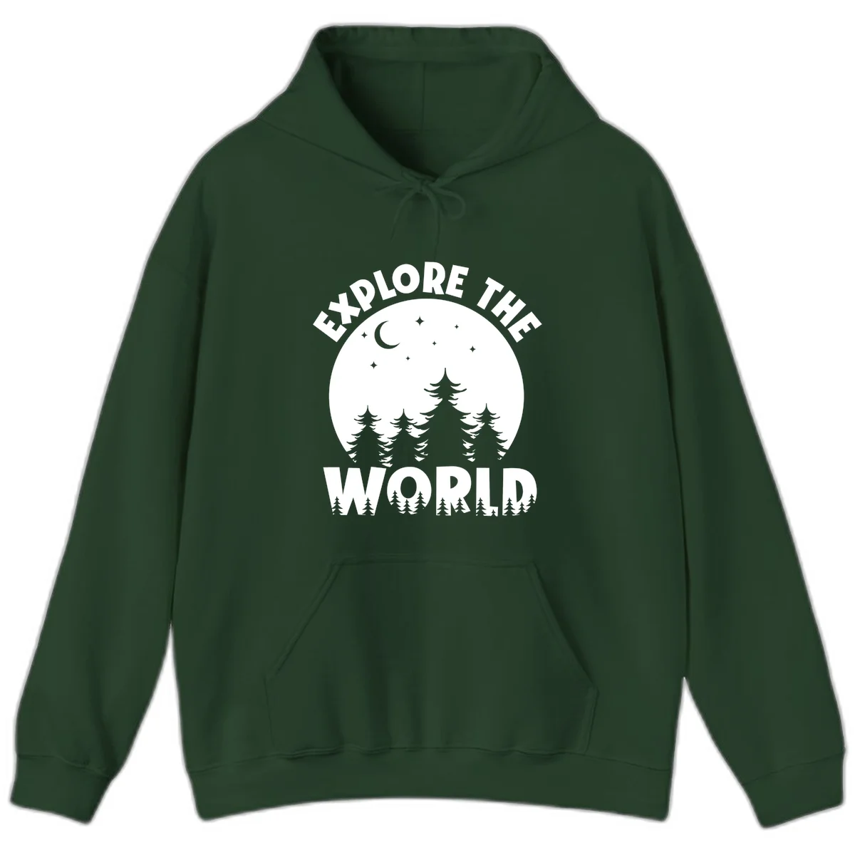 Silhouetted evergreen forest beneath a crescent moon and stars with 'Explore The World' text in a circular nighttime camping design in Forest Green