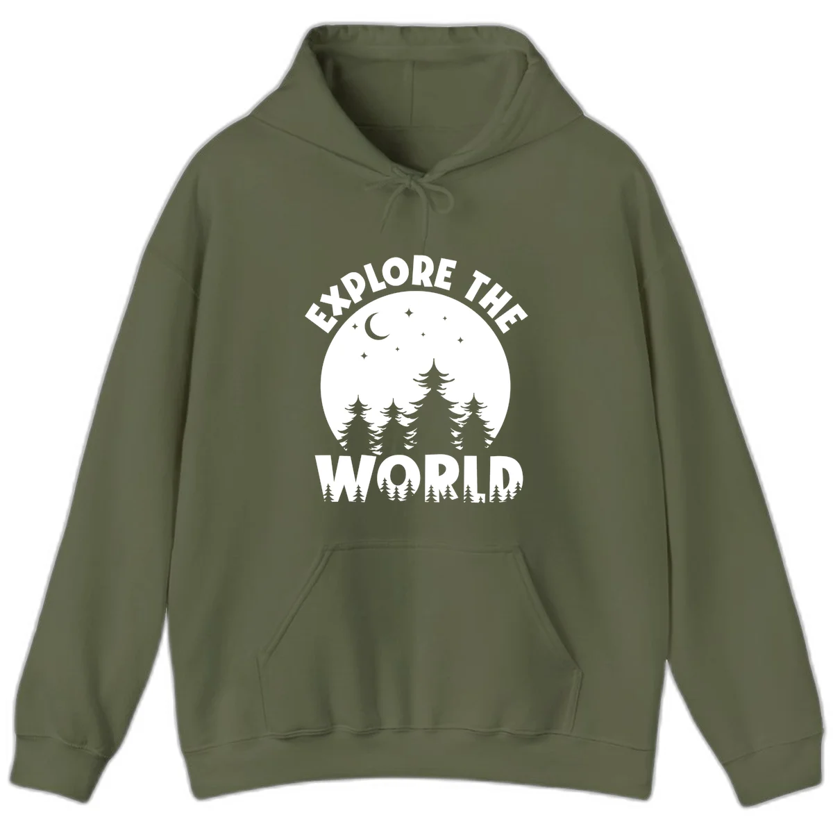 Silhouetted evergreen forest beneath a crescent moon and stars with 'Explore The World' text in a circular nighttime camping design in Military Green