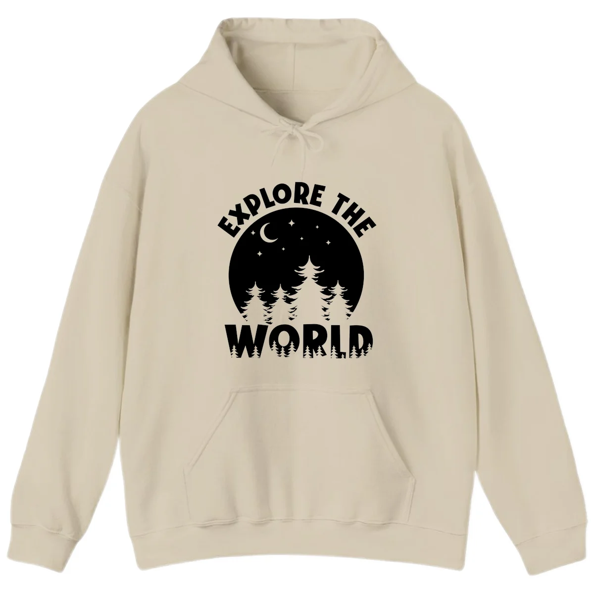 Silhouetted evergreen forest beneath a crescent moon and stars with 'Explore The World' text in a circular nighttime camping design in Sand