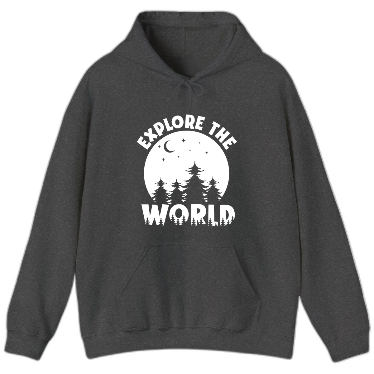 Silhouetted evergreen forest beneath a crescent moon and stars with 'Explore The World' text in a circular nighttime camping design in Dark Heather