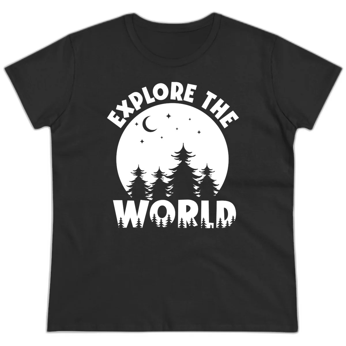 Silhouetted evergreen forest beneath a crescent moon and stars with 'Explore The World' text in a circular nighttime camping design in Black