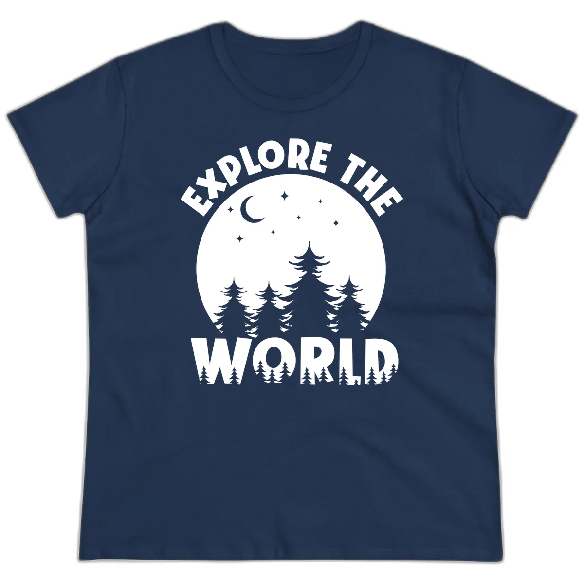 Silhouetted evergreen forest beneath a crescent moon and stars with 'Explore The World' text in a circular nighttime camping design in Navy