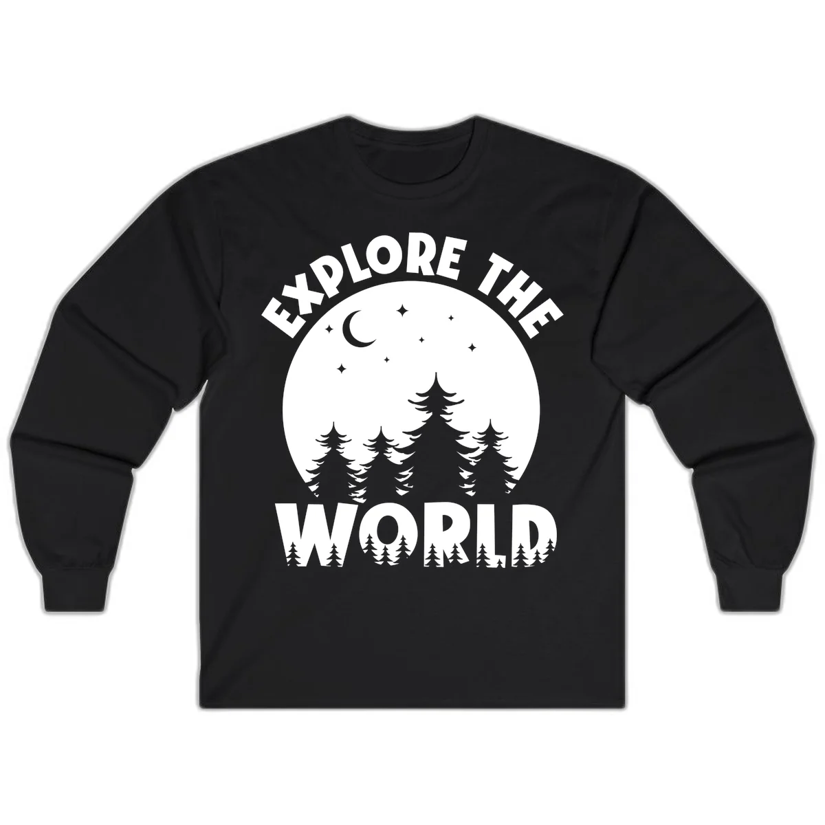 Silhouetted evergreen forest beneath a crescent moon and stars with 'Explore The World' text in a circular nighttime camping design in Black