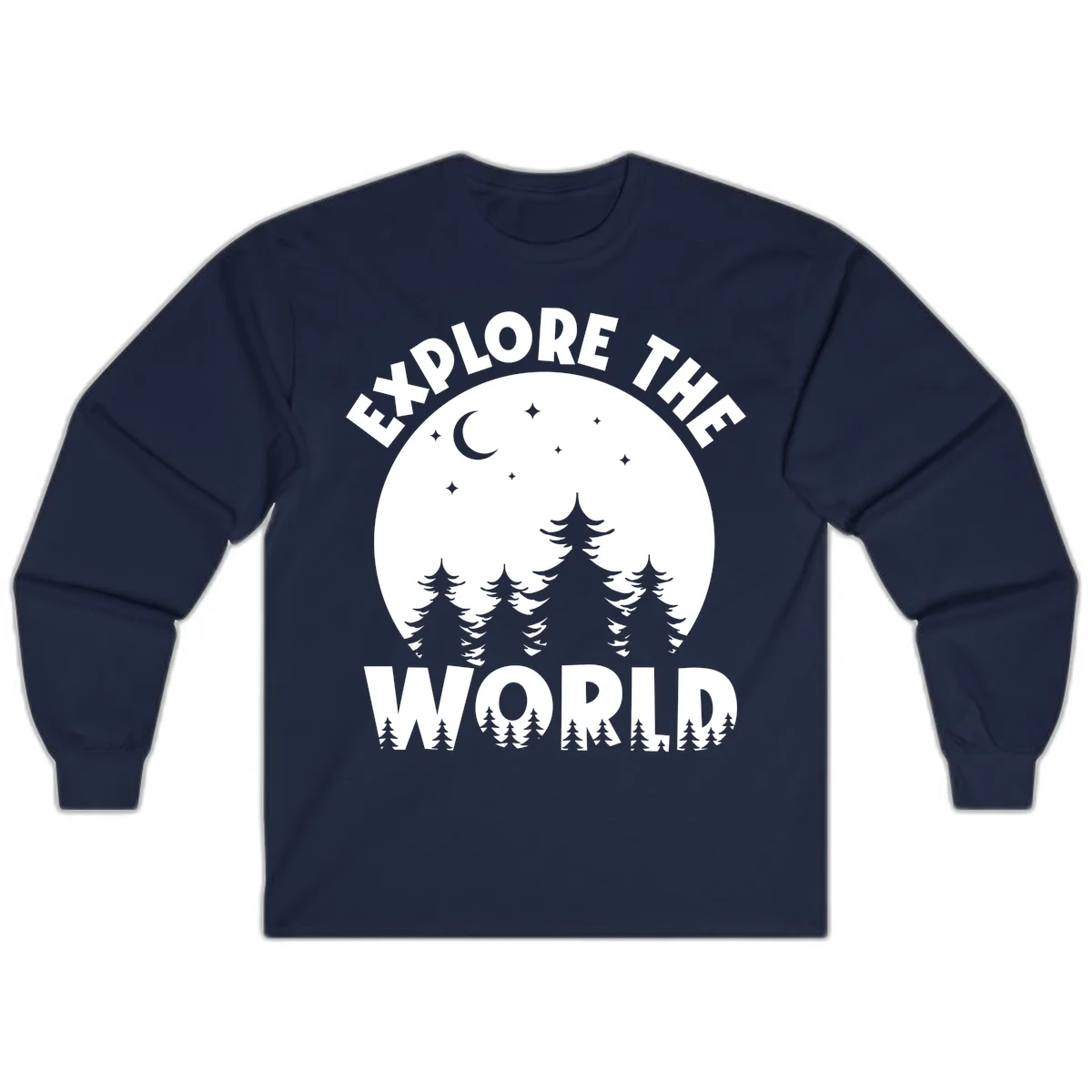 Silhouetted evergreen forest beneath a crescent moon and stars with 'Explore The World' text in a circular nighttime camping design in Navy