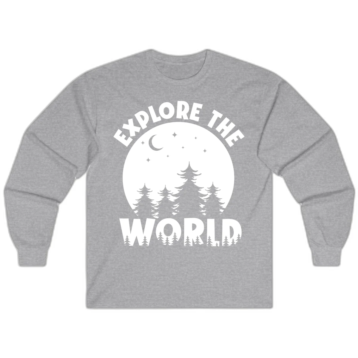 Silhouetted evergreen forest beneath a crescent moon and stars with 'Explore The World' text in a circular nighttime camping design in Sport Grey