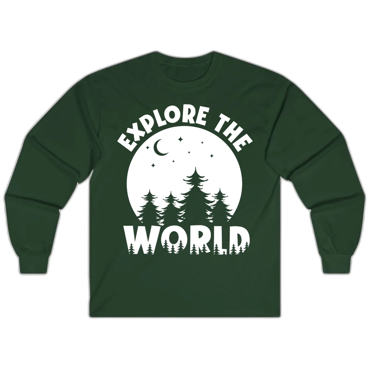 Silhouetted evergreen forest beneath a crescent moon and stars with 'Explore The World' text in a circular nighttime camping design in Forest Green