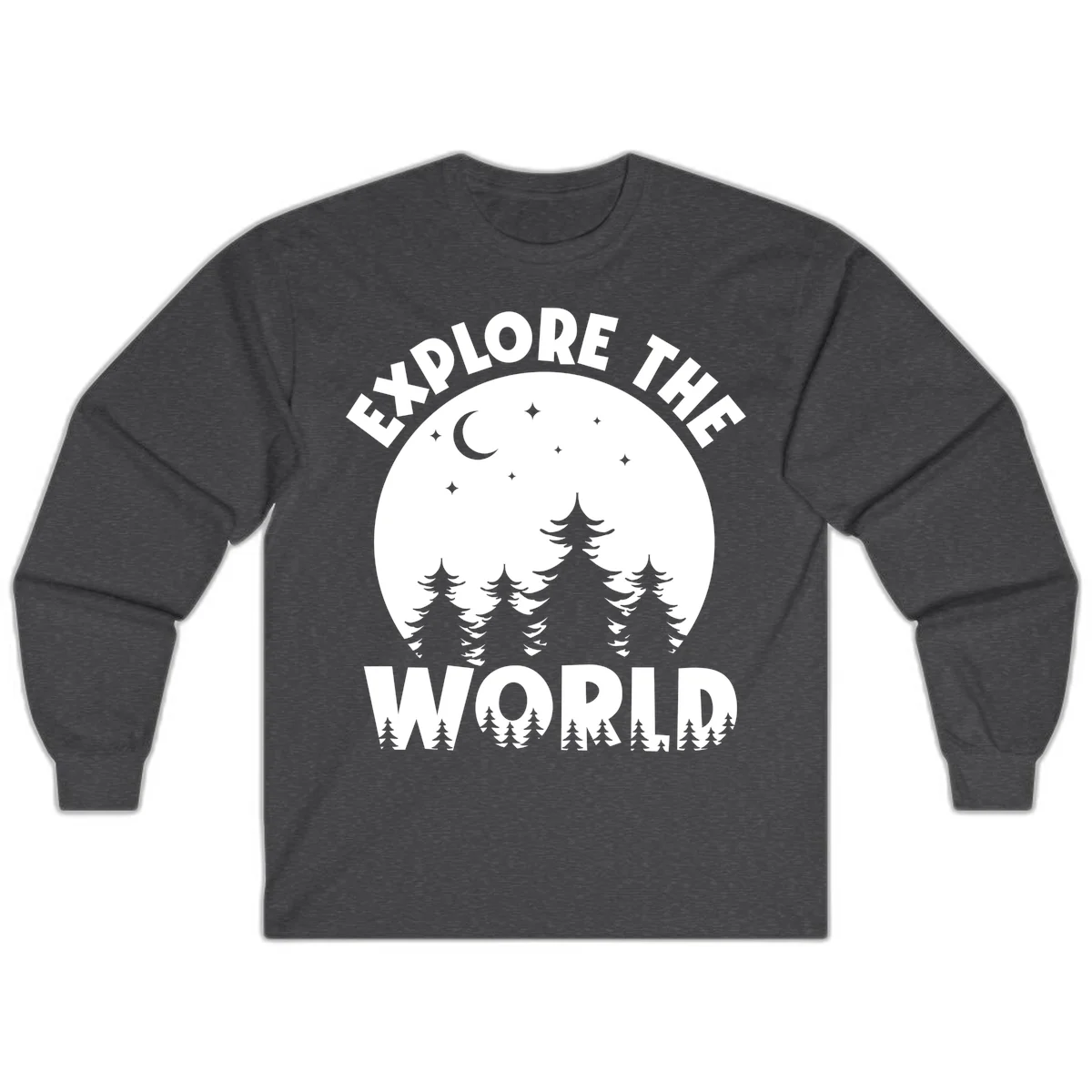 Silhouetted evergreen forest beneath a crescent moon and stars with 'Explore The World' text in a circular nighttime camping design in Dark Heather