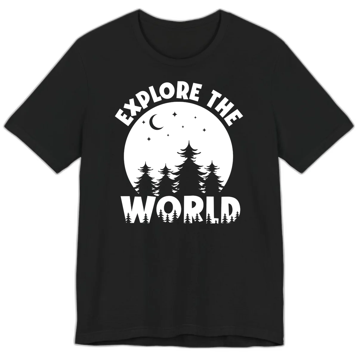 Silhouetted evergreen forest beneath a crescent moon and stars with 'Explore The World' text in a circular nighttime camping design in Black