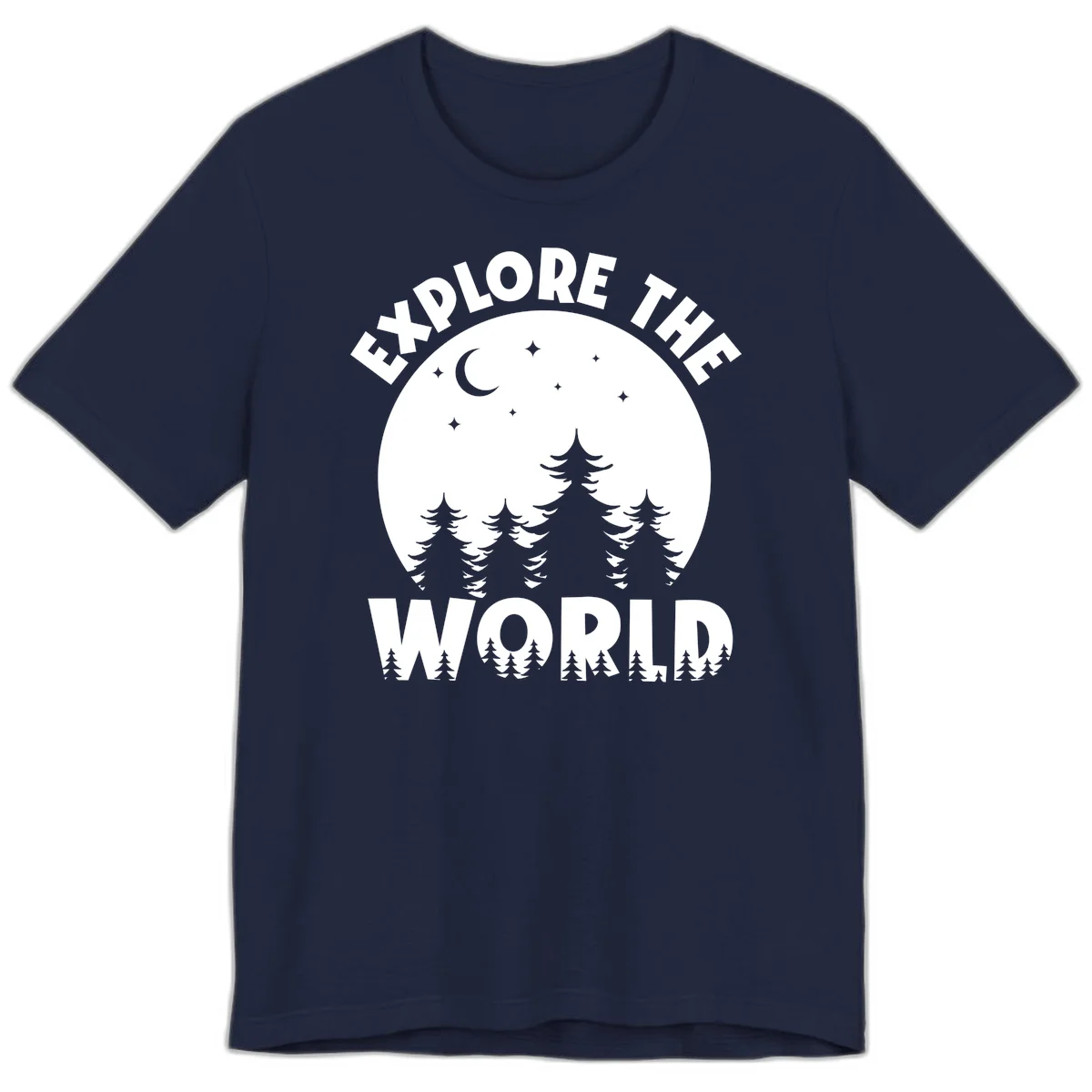 Silhouetted evergreen forest beneath a crescent moon and stars with 'Explore The World' text in a circular nighttime camping design in Navy
