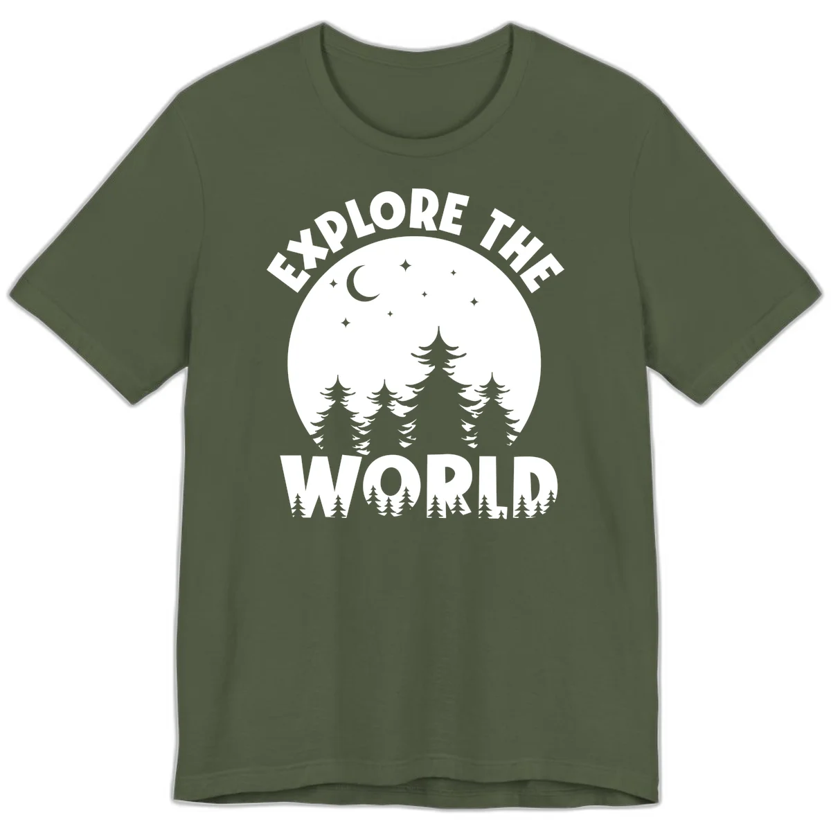 Silhouetted evergreen forest beneath a crescent moon and stars with 'Explore The World' text in a circular nighttime camping design in Military Green