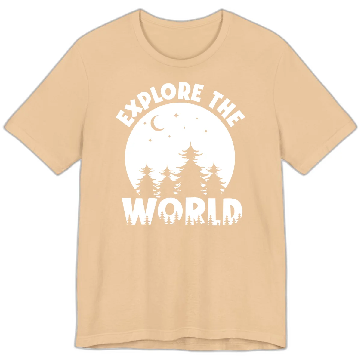 Silhouetted evergreen forest beneath a crescent moon and stars with 'Explore The World' text in a circular nighttime camping design in Sand Dune