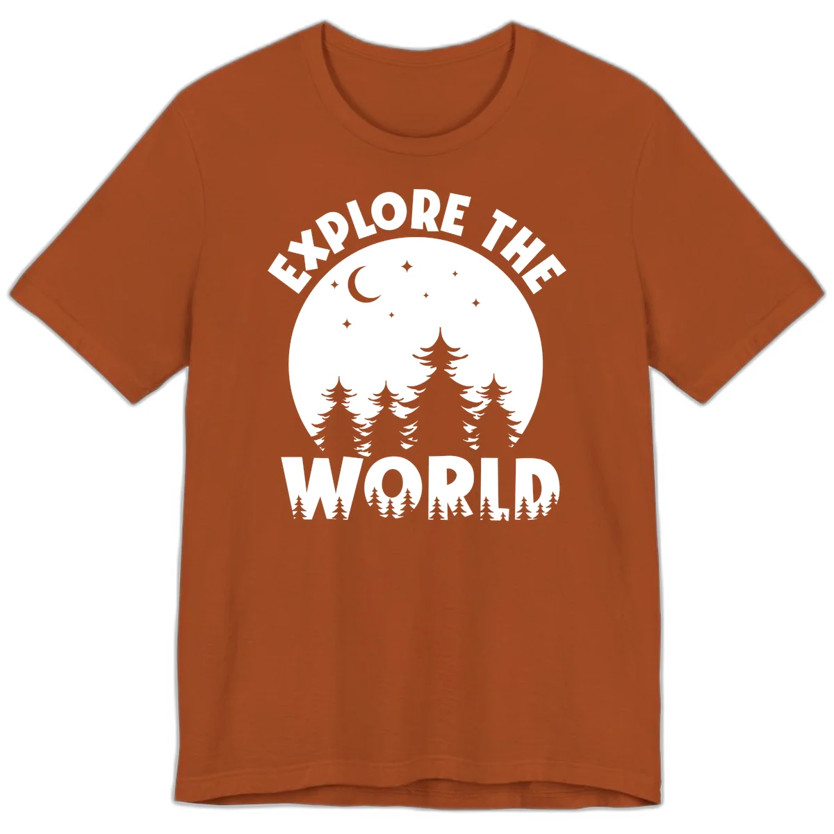 Silhouetted evergreen forest beneath a crescent moon and stars with 'Explore The World' text in a circular nighttime camping design in Autumn