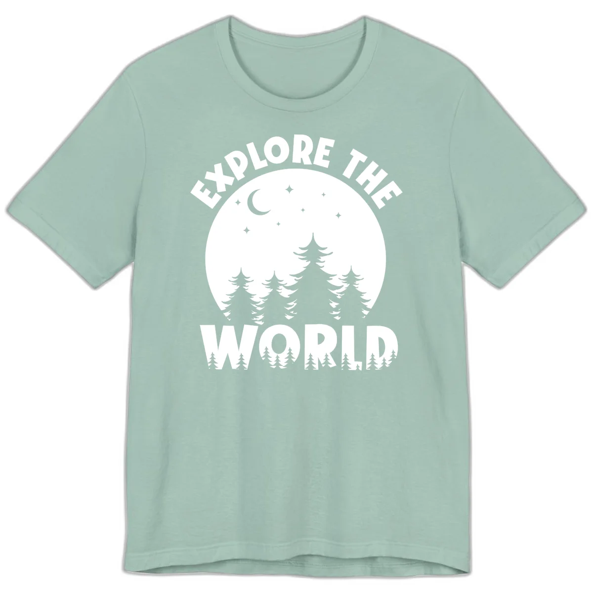 Silhouetted evergreen forest beneath a crescent moon and stars with 'Explore The World' text in a circular nighttime camping design in Dusty Blue