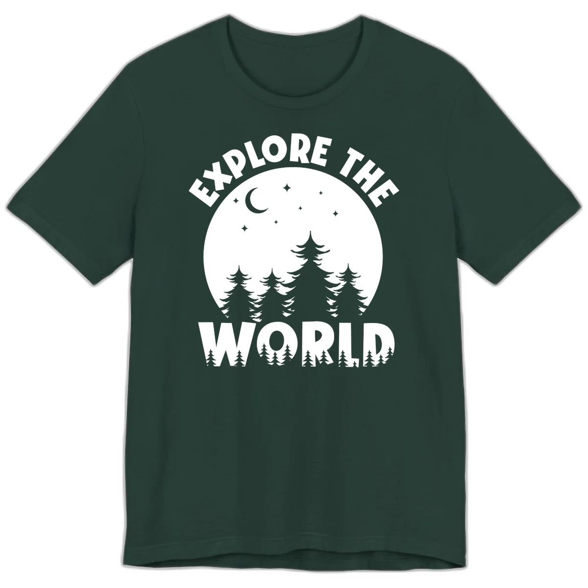 Silhouetted evergreen forest beneath a crescent moon and stars with 'Explore The World' text in a circular nighttime camping design in Forest