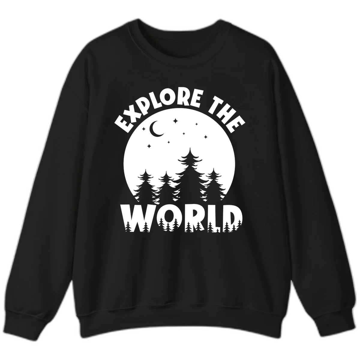 Silhouetted evergreen forest beneath a crescent moon and stars with 'Explore The World' text in a circular nighttime camping design in Black