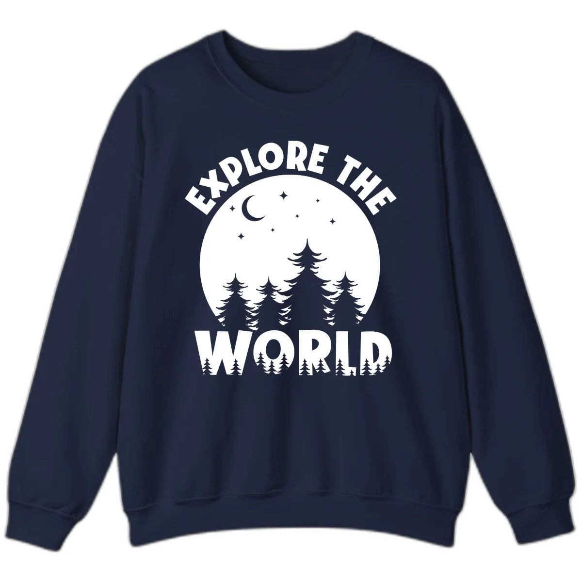 Silhouetted evergreen forest beneath a crescent moon and stars with 'Explore The World' text in a circular nighttime camping design in Navy