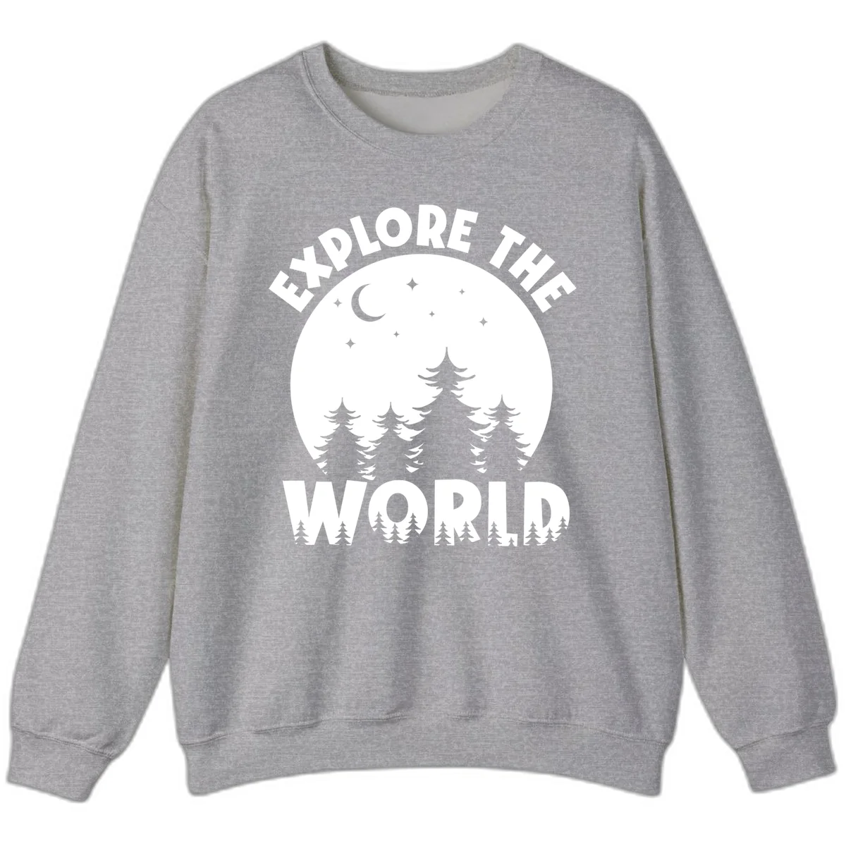 Silhouetted evergreen forest beneath a crescent moon and stars with 'Explore The World' text in a circular nighttime camping design in Sport Grey