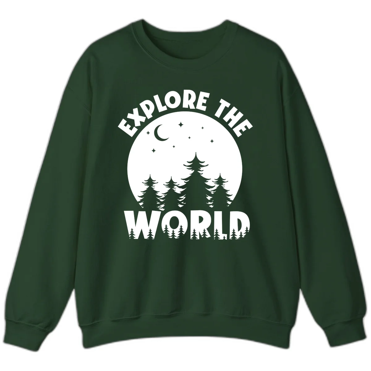 Silhouetted evergreen forest beneath a crescent moon and stars with 'Explore The World' text in a circular nighttime camping design in Forest Green
