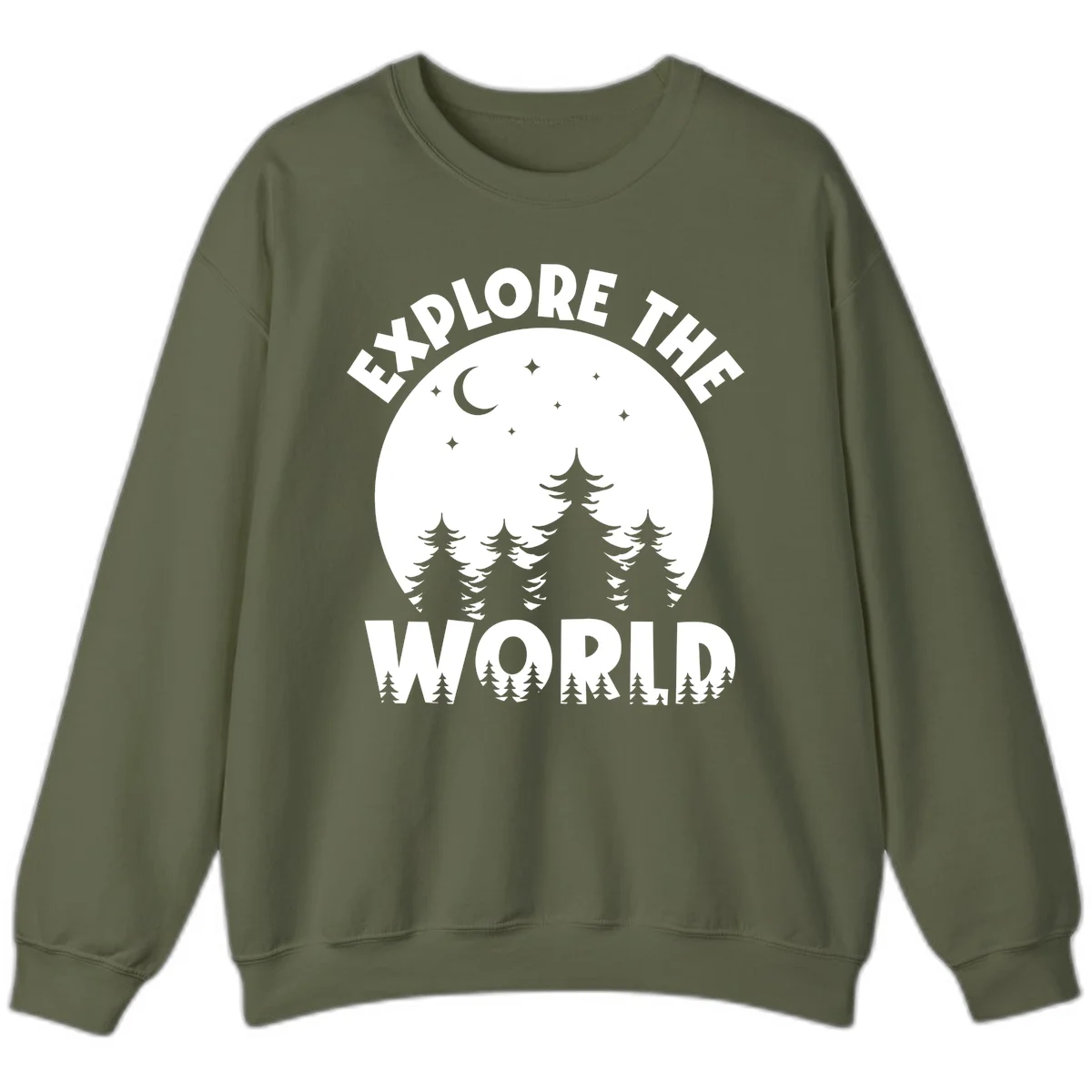 Silhouetted evergreen forest beneath a crescent moon and stars with 'Explore The World' text in a circular nighttime camping design in Military Green