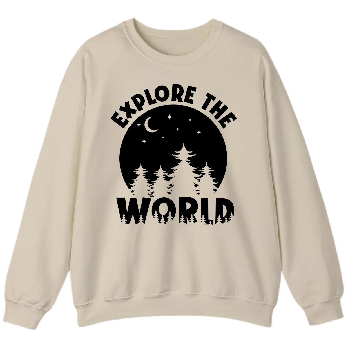 Silhouetted evergreen forest beneath a crescent moon and stars with 'Explore The World' text in a circular nighttime camping design in Sand