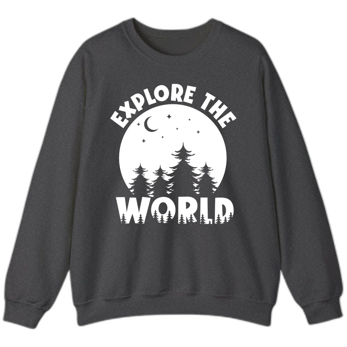 Silhouetted evergreen forest beneath a crescent moon and stars with 'Explore The World' text in a circular nighttime camping design in Dark Heather