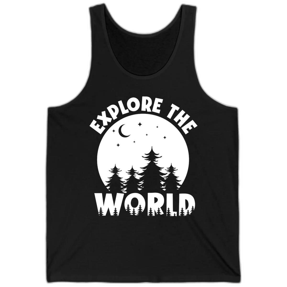 Silhouetted evergreen forest beneath a crescent moon and stars with 'Explore The World' text in a circular nighttime camping design in Black