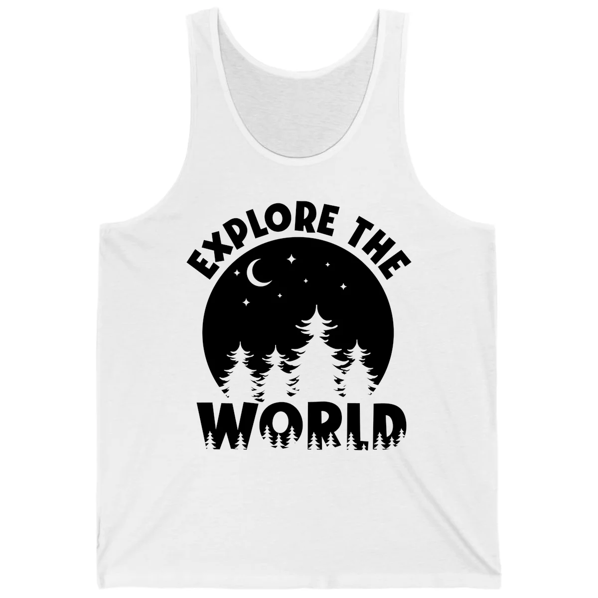 Silhouetted evergreen forest beneath a crescent moon and stars with 'Explore The World' text in a circular nighttime camping design in White