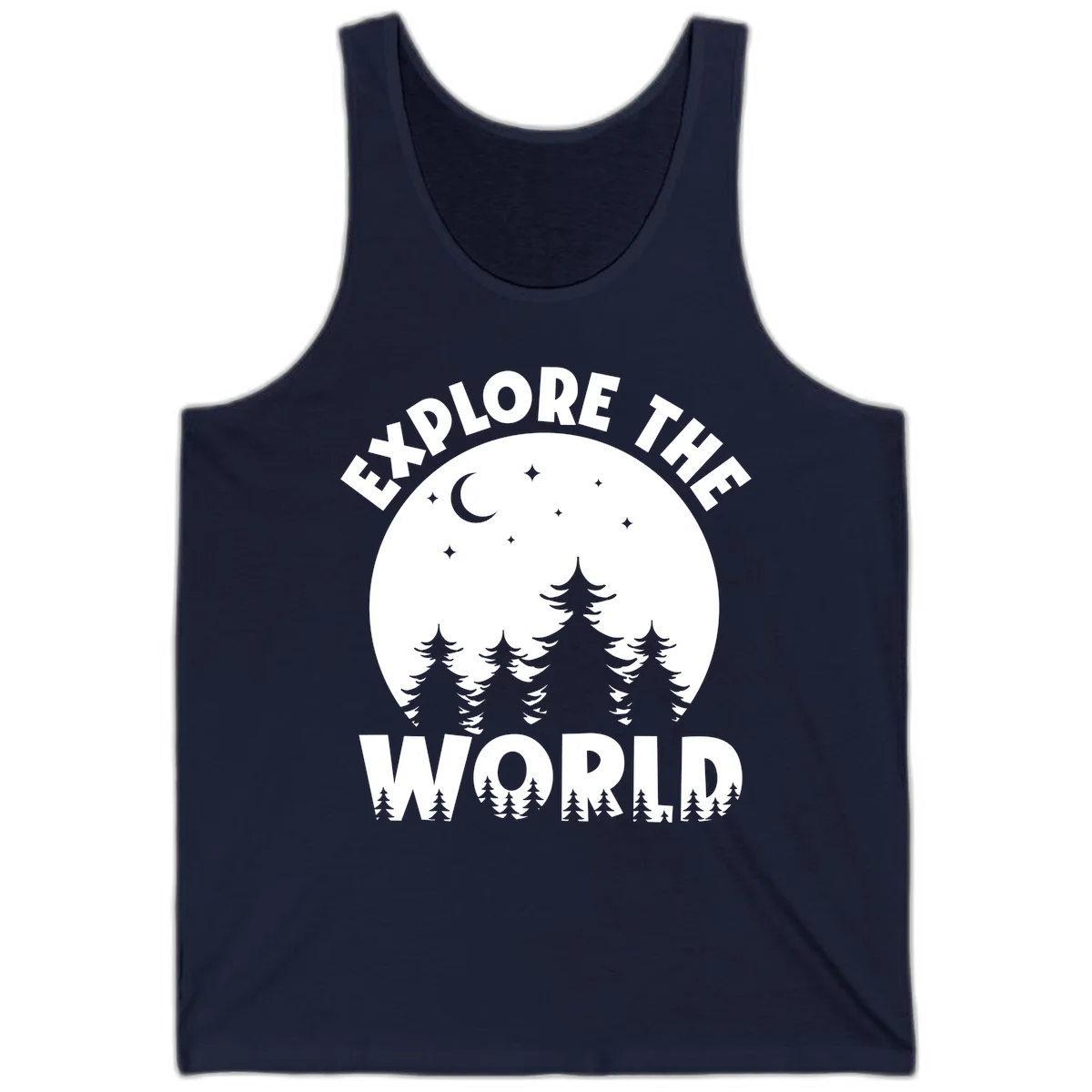 Silhouetted evergreen forest beneath a crescent moon and stars with 'Explore The World' text in a circular nighttime camping design in Navy