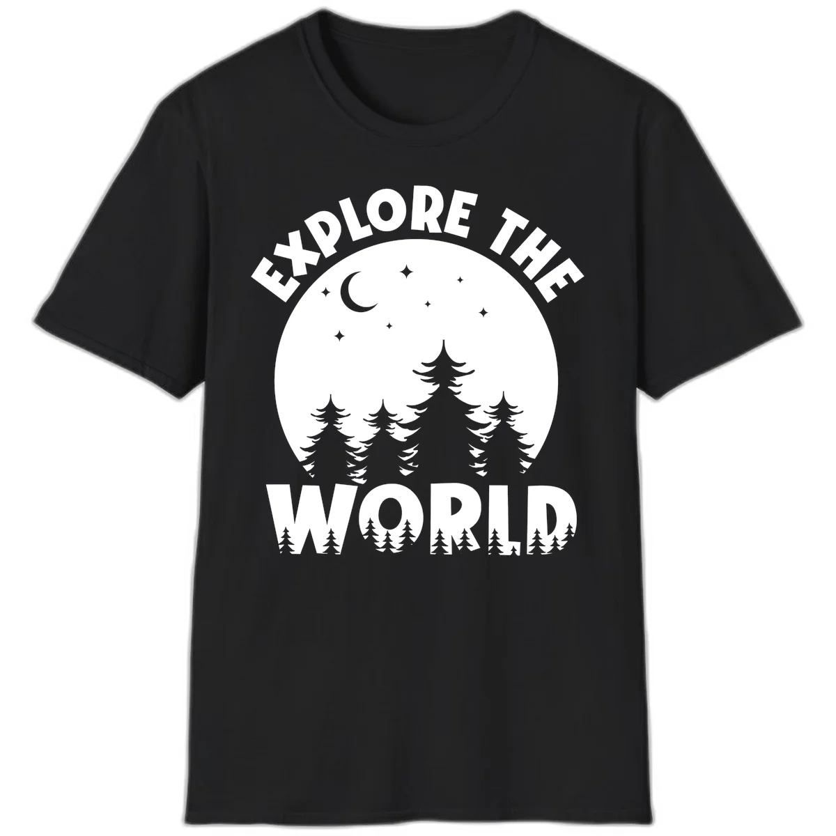 Silhouetted evergreen forest beneath a crescent moon and stars with 'Explore The World' text in a circular nighttime camping design in Black