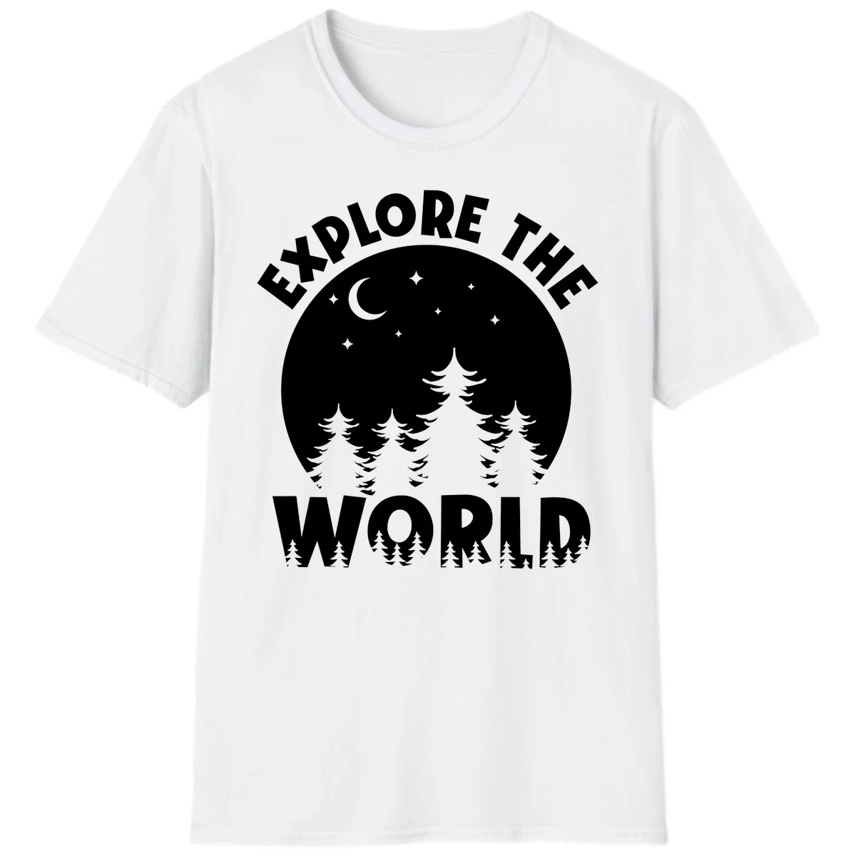 Silhouetted evergreen forest beneath a crescent moon and stars with 'Explore The World' text in a circular nighttime camping design in White