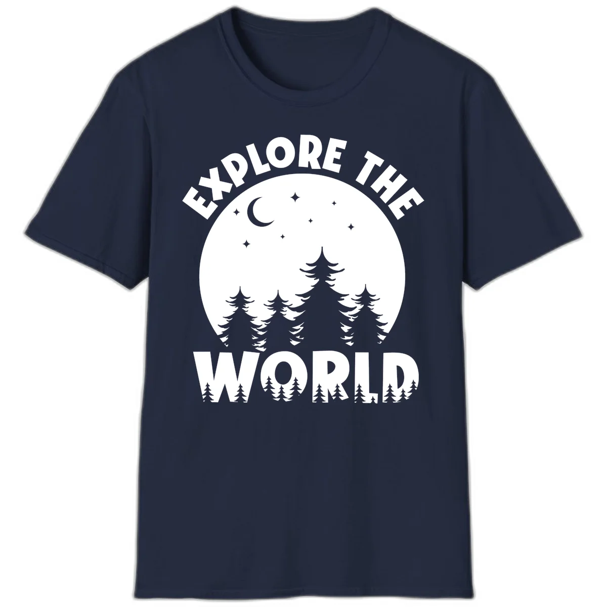 Silhouetted evergreen forest beneath a crescent moon and stars with 'Explore The World' text in a circular nighttime camping design in Navy