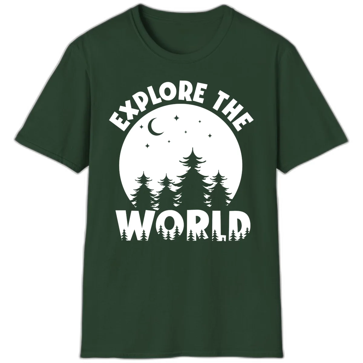 Silhouetted evergreen forest beneath a crescent moon and stars with 'Explore The World' text in a circular nighttime camping design in Forest Green
