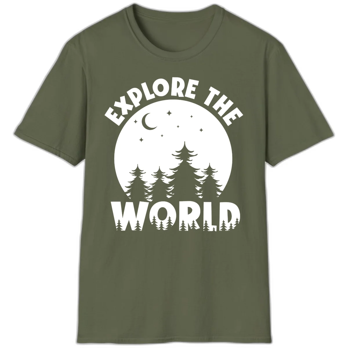 Silhouetted evergreen forest beneath a crescent moon and stars with 'Explore The World' text in a circular nighttime camping design in Military Green