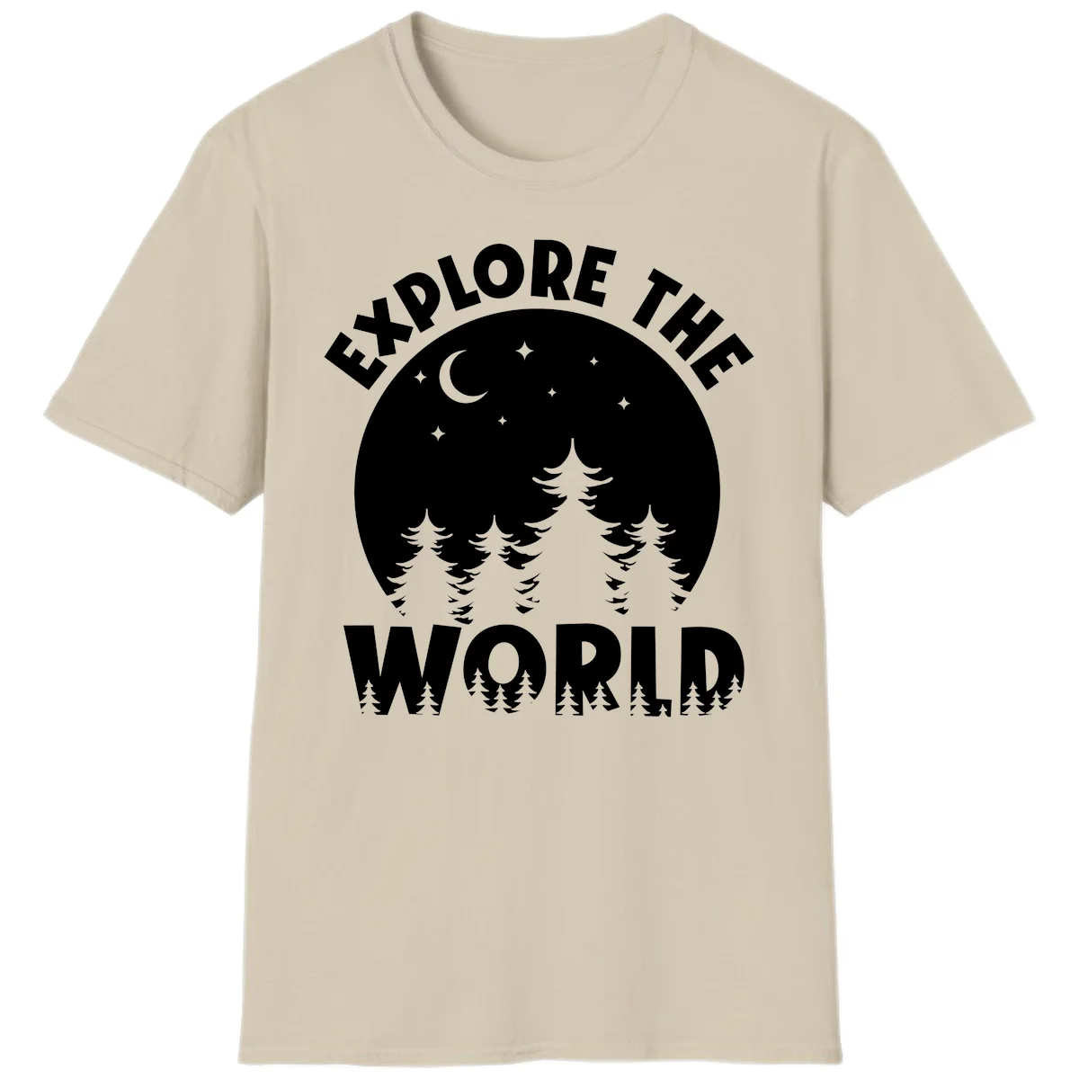 Silhouetted evergreen forest beneath a crescent moon and stars with 'Explore The World' text in a circular nighttime camping design in Sand