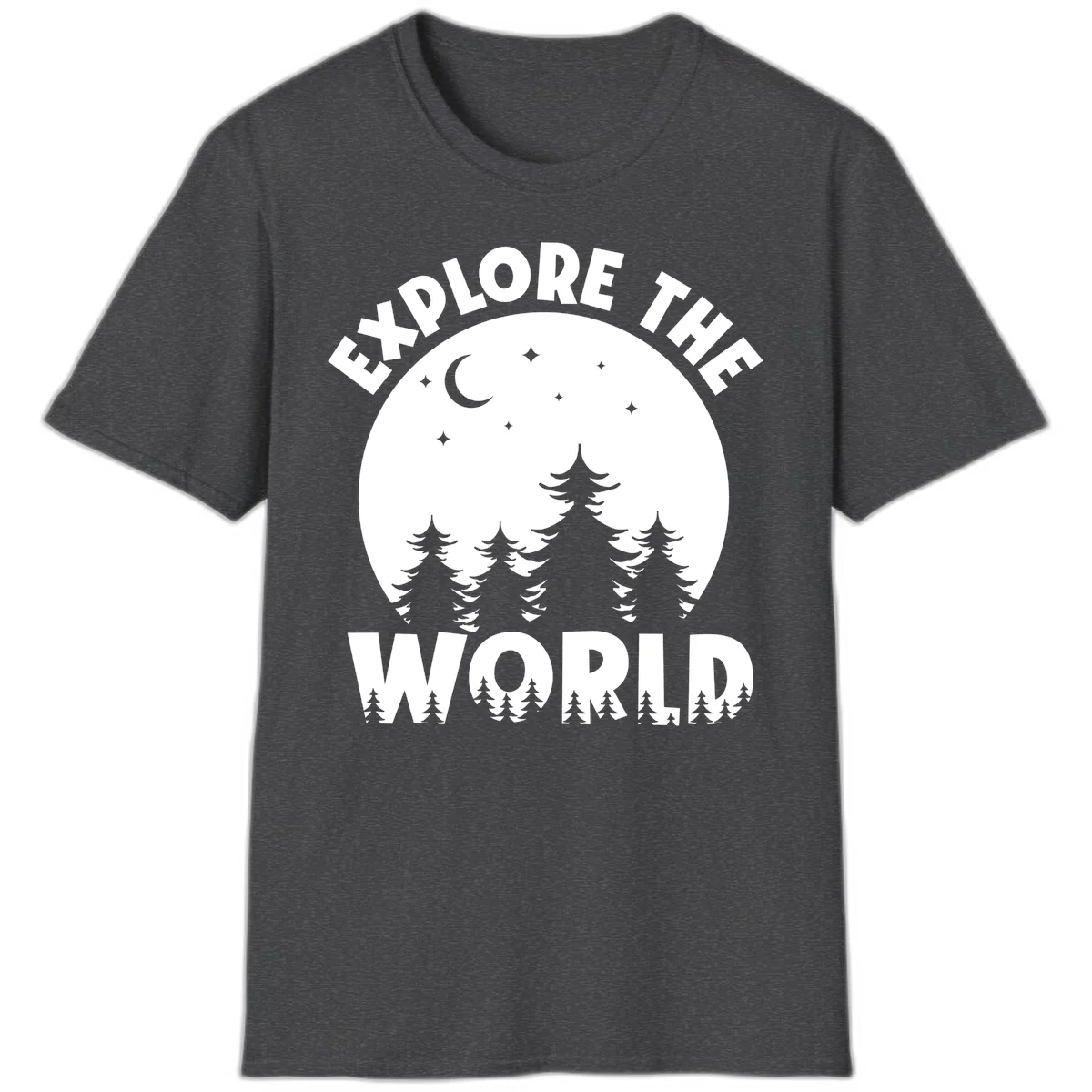 Silhouetted evergreen forest beneath a crescent moon and stars with 'Explore The World' text in a circular nighttime camping design in Dark Heather