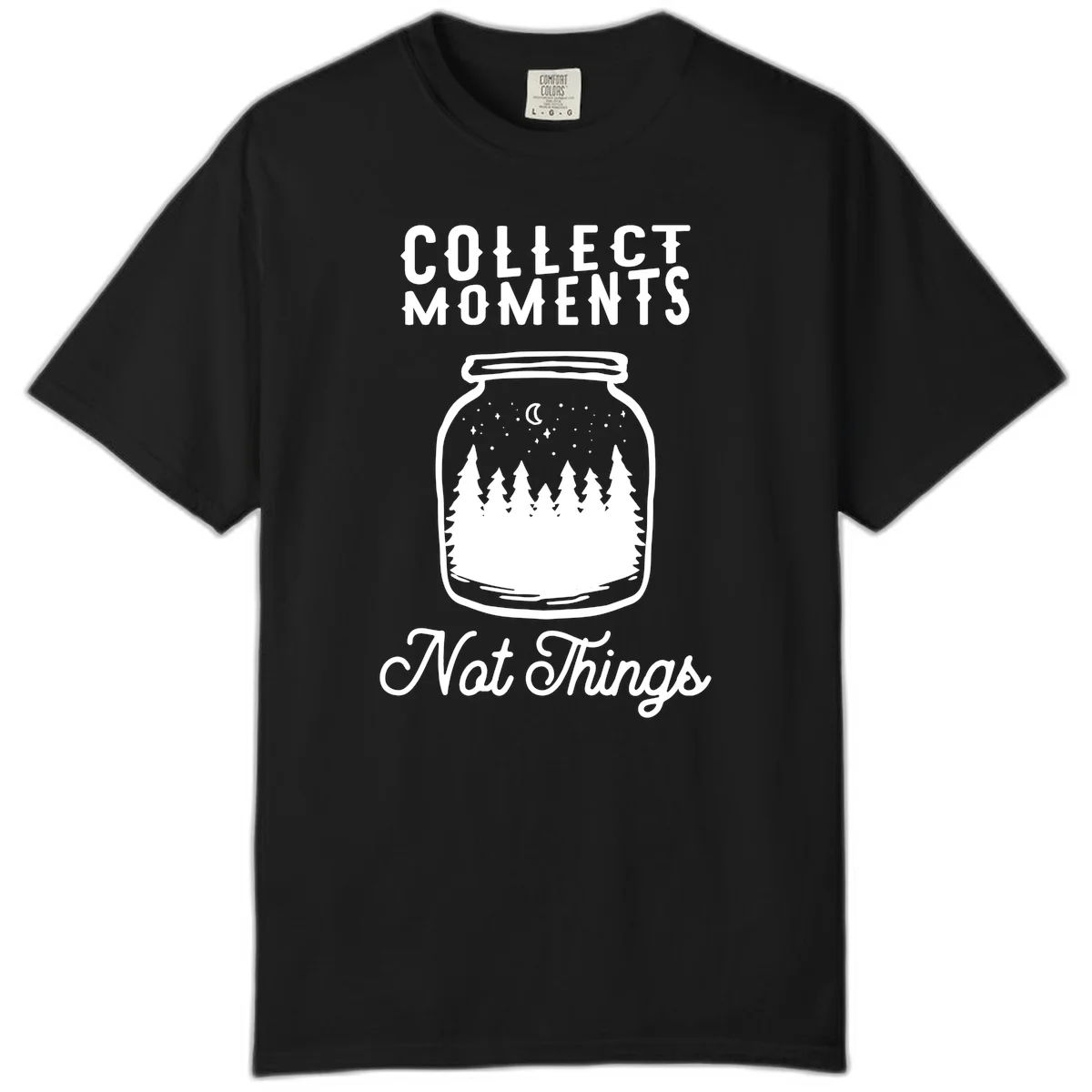White illustrated mason jar filled with evergreen forest, moon, and stars with text 'Collect Moments Not Things' for camping enthusiasts in Black