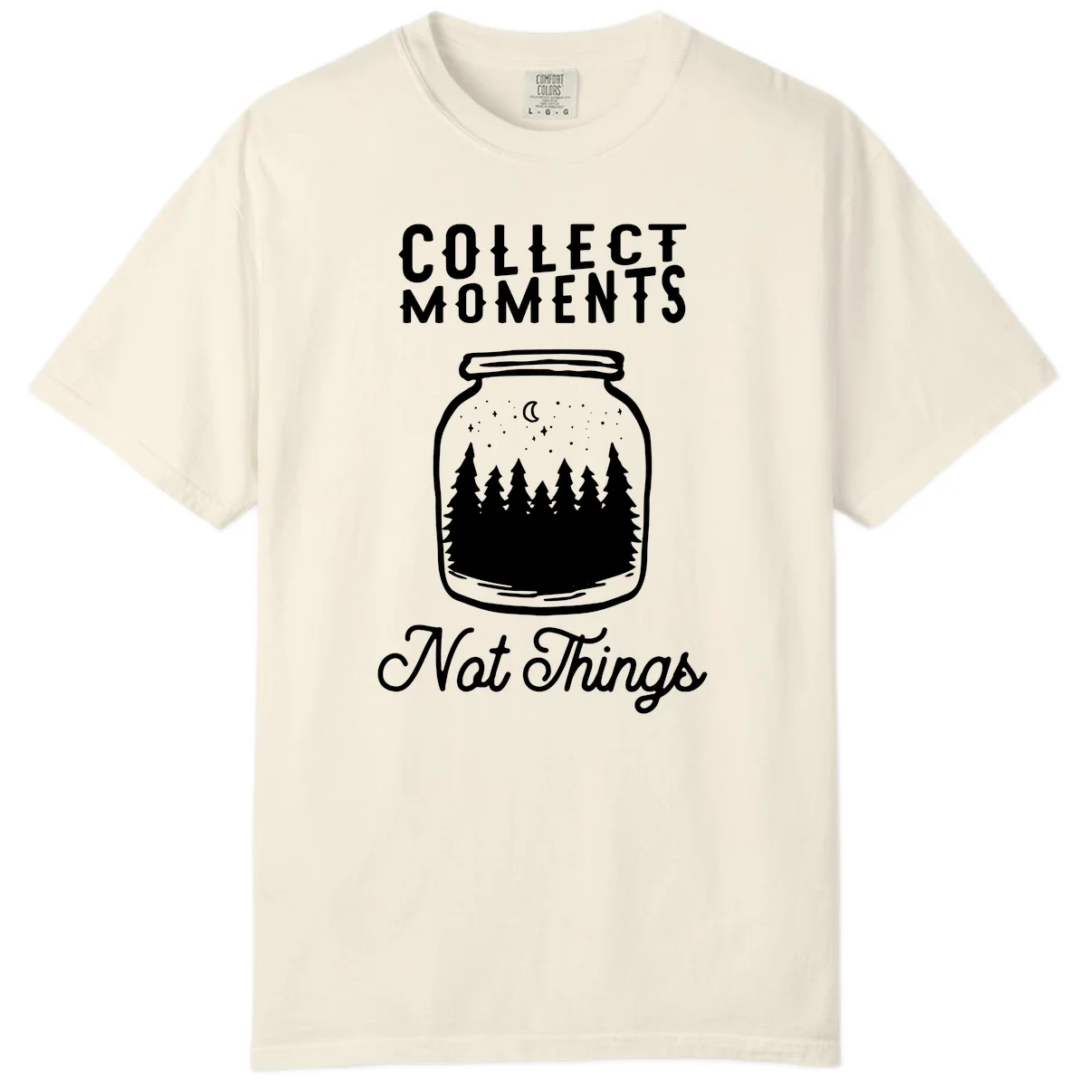 White illustrated mason jar filled with evergreen forest, moon, and stars with text 'Collect Moments Not Things' for camping enthusiasts in Ivory