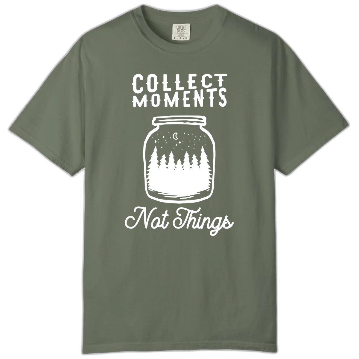 White illustrated mason jar filled with evergreen forest, moon, and stars with text 'Collect Moments Not Things' for camping enthusiasts in Moss