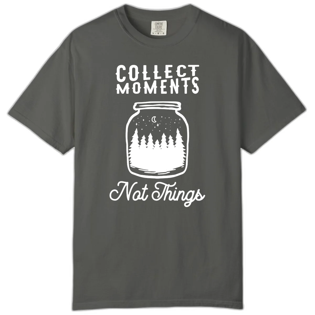 White illustrated mason jar filled with evergreen forest, moon, and stars with text 'Collect Moments Not Things' for camping enthusiasts in Pepper