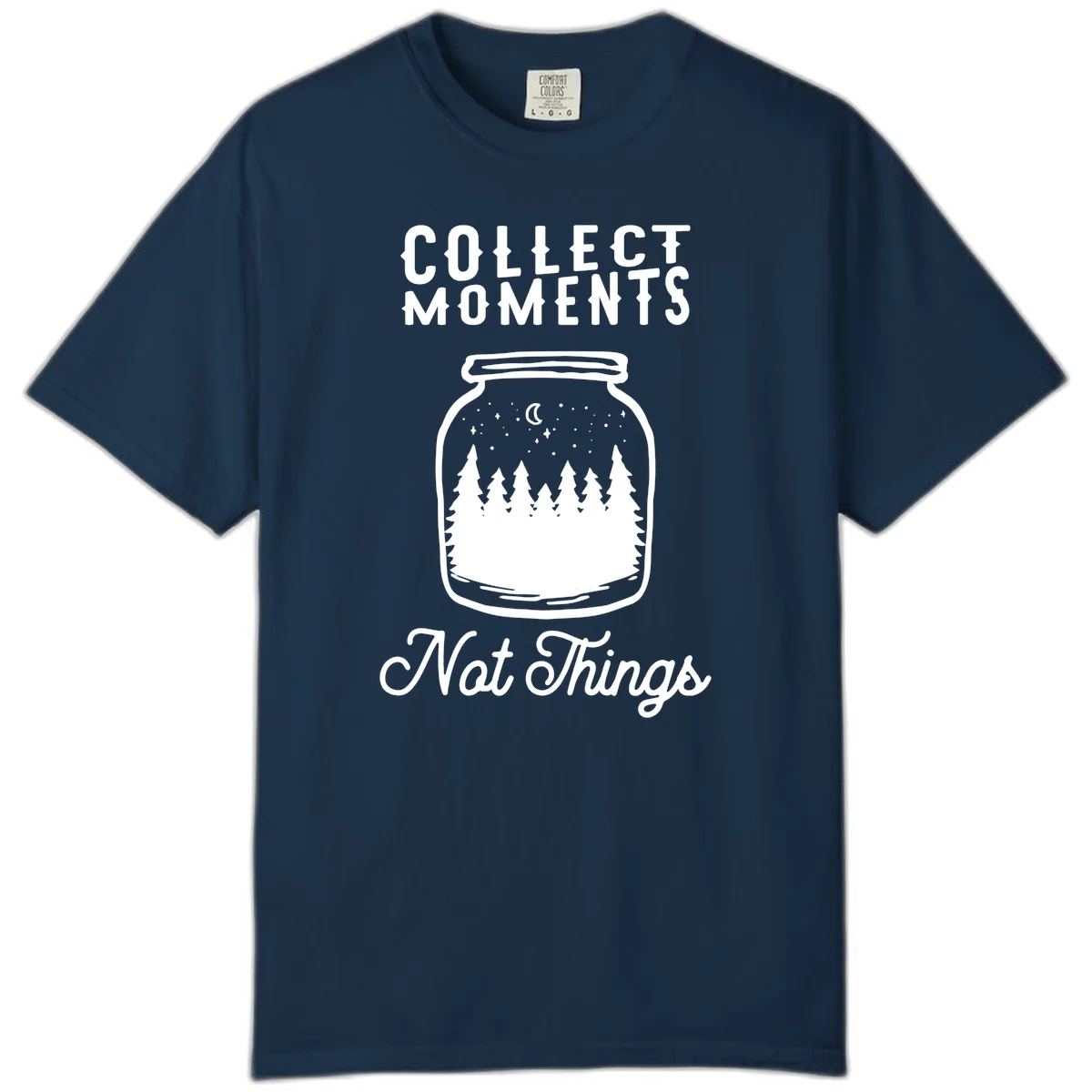 White illustrated mason jar filled with evergreen forest, moon, and stars with text 'Collect Moments Not Things' for camping enthusiasts in True Navy