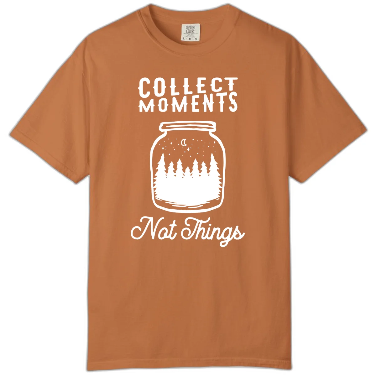 White illustrated mason jar filled with evergreen forest, moon, and stars with text 'Collect Moments Not Things' for camping enthusiasts in Yam