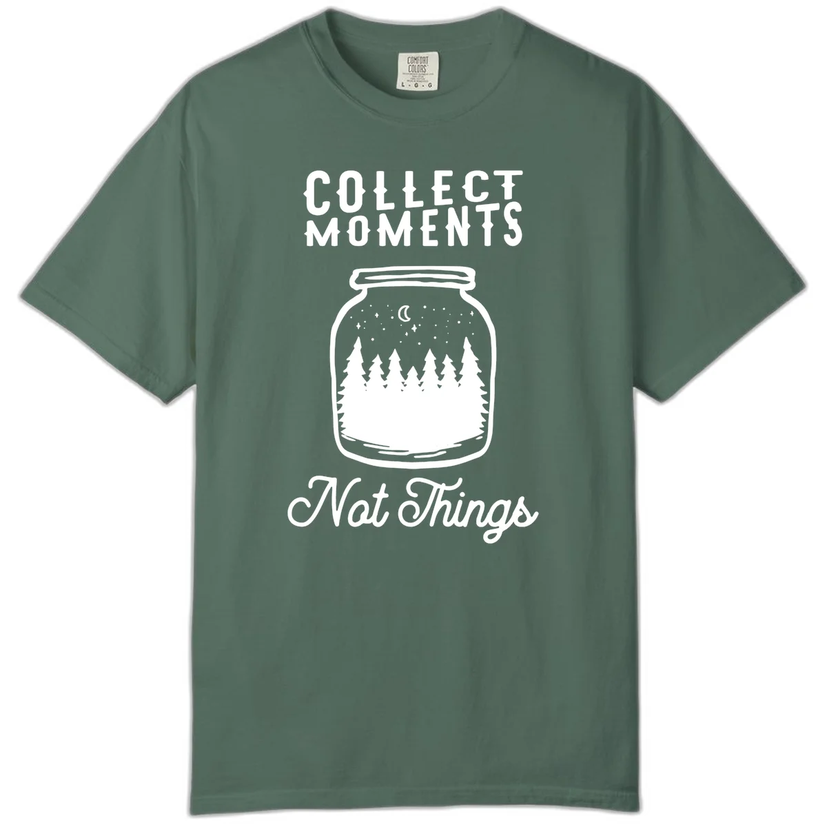 White illustrated mason jar filled with evergreen forest, moon, and stars with text 'Collect Moments Not Things' for camping enthusiasts in Blue Spruce