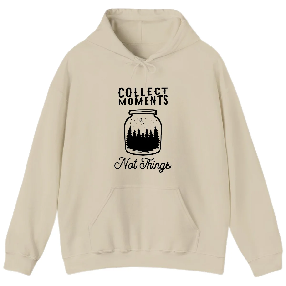 White illustrated mason jar filled with evergreen forest, moon, and stars with text 'Collect Moments Not Things' for camping enthusiasts in Sand