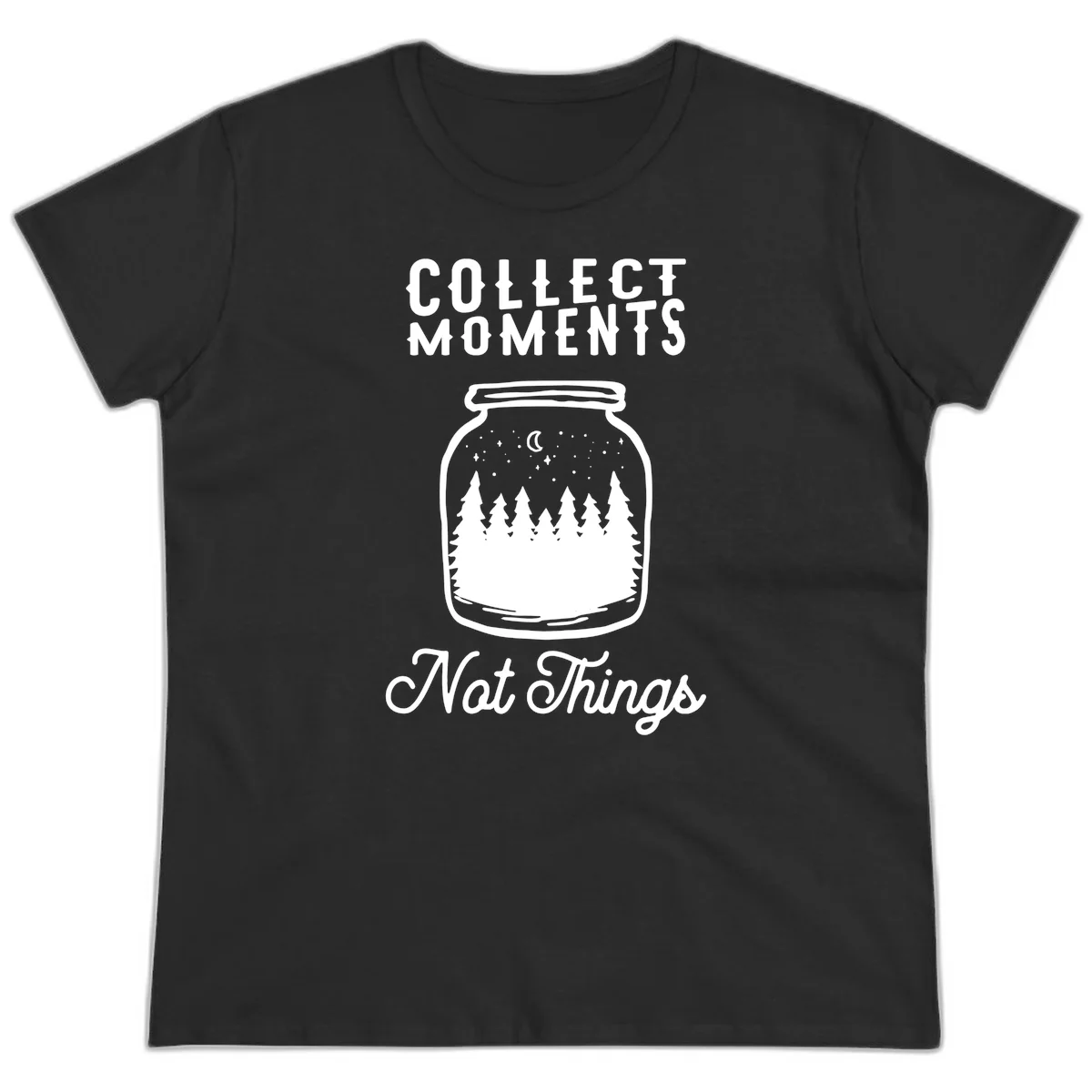 White illustrated mason jar filled with evergreen forest, moon, and stars with text 'Collect Moments Not Things' for camping enthusiasts in Black