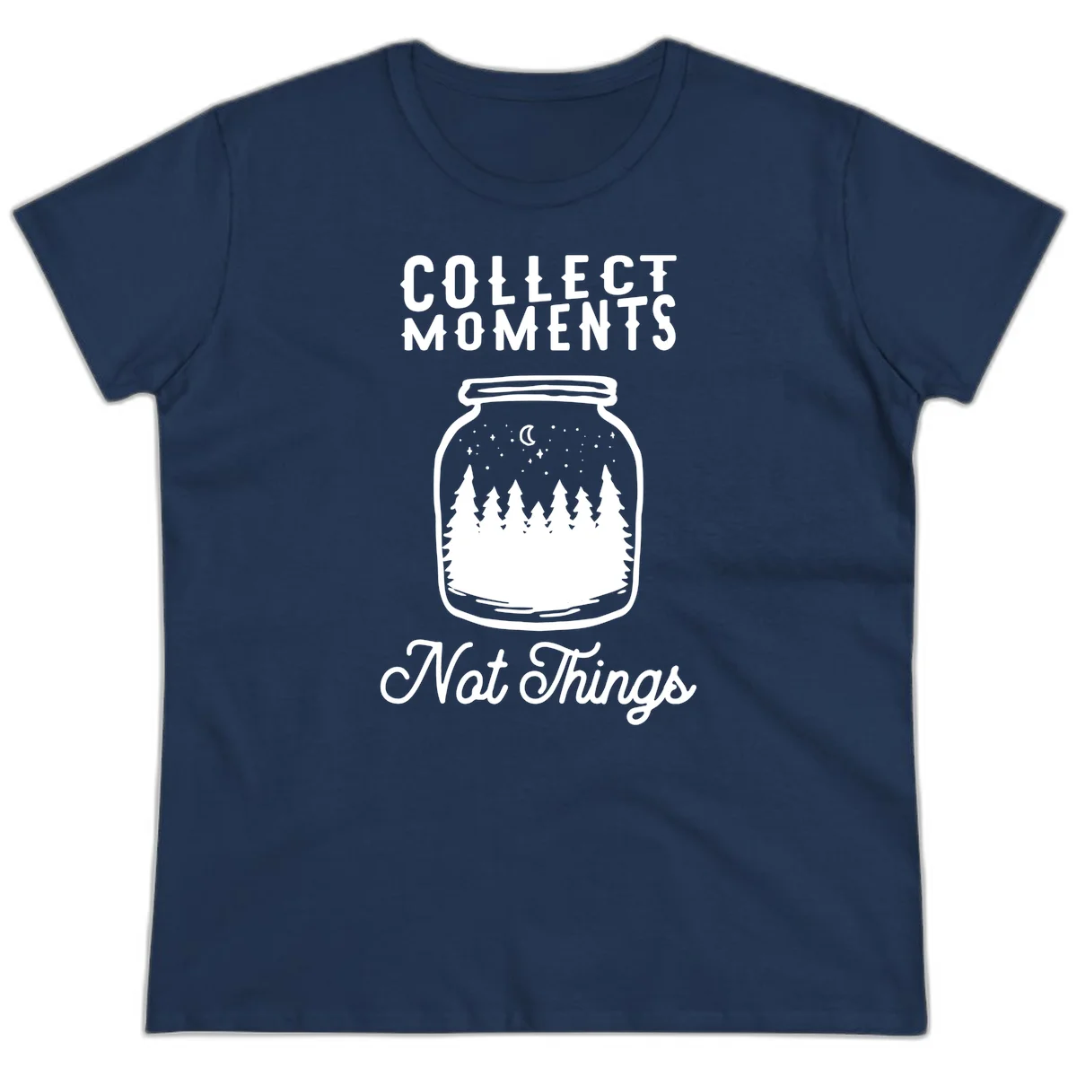 White illustrated mason jar filled with evergreen forest, moon, and stars with text 'Collect Moments Not Things' for camping enthusiasts in Navy