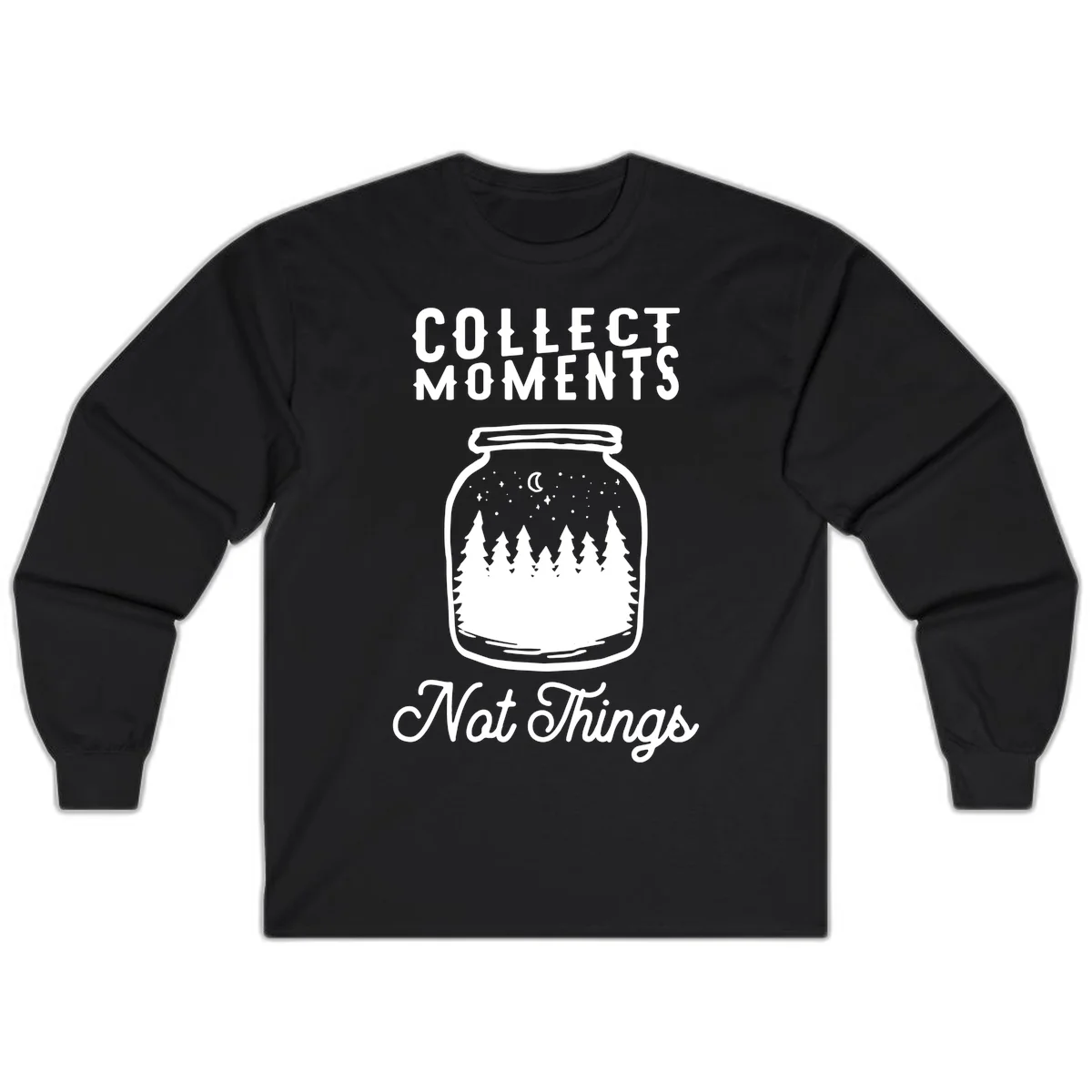 White illustrated mason jar filled with evergreen forest, moon, and stars with text 'Collect Moments Not Things' for camping enthusiasts in Black