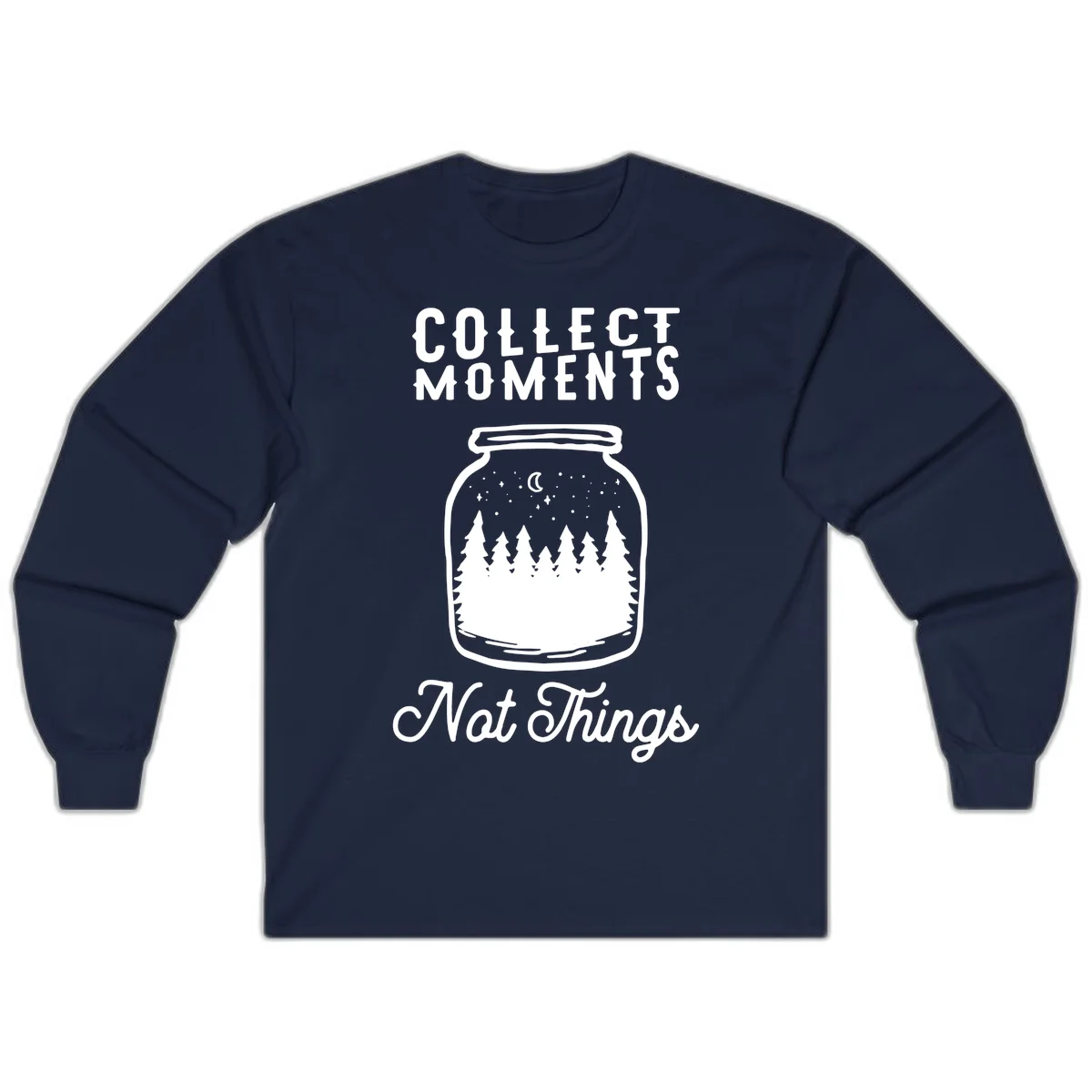White illustrated mason jar filled with evergreen forest, moon, and stars with text 'Collect Moments Not Things' for camping enthusiasts in Navy