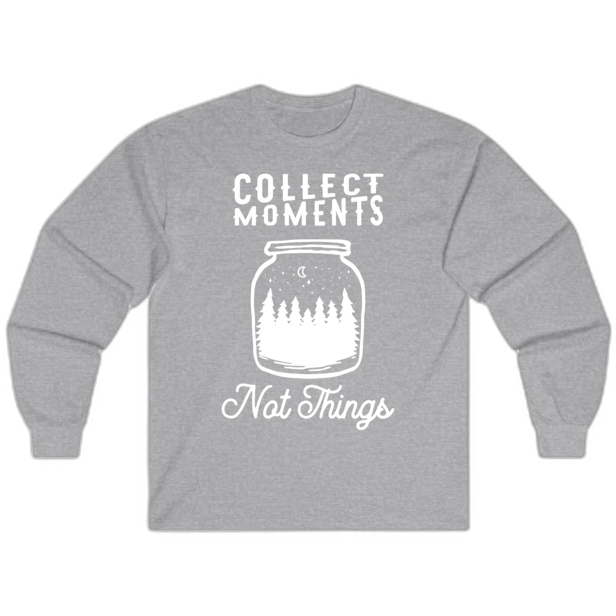 White illustrated mason jar filled with evergreen forest, moon, and stars with text 'Collect Moments Not Things' for camping enthusiasts in Sport Grey