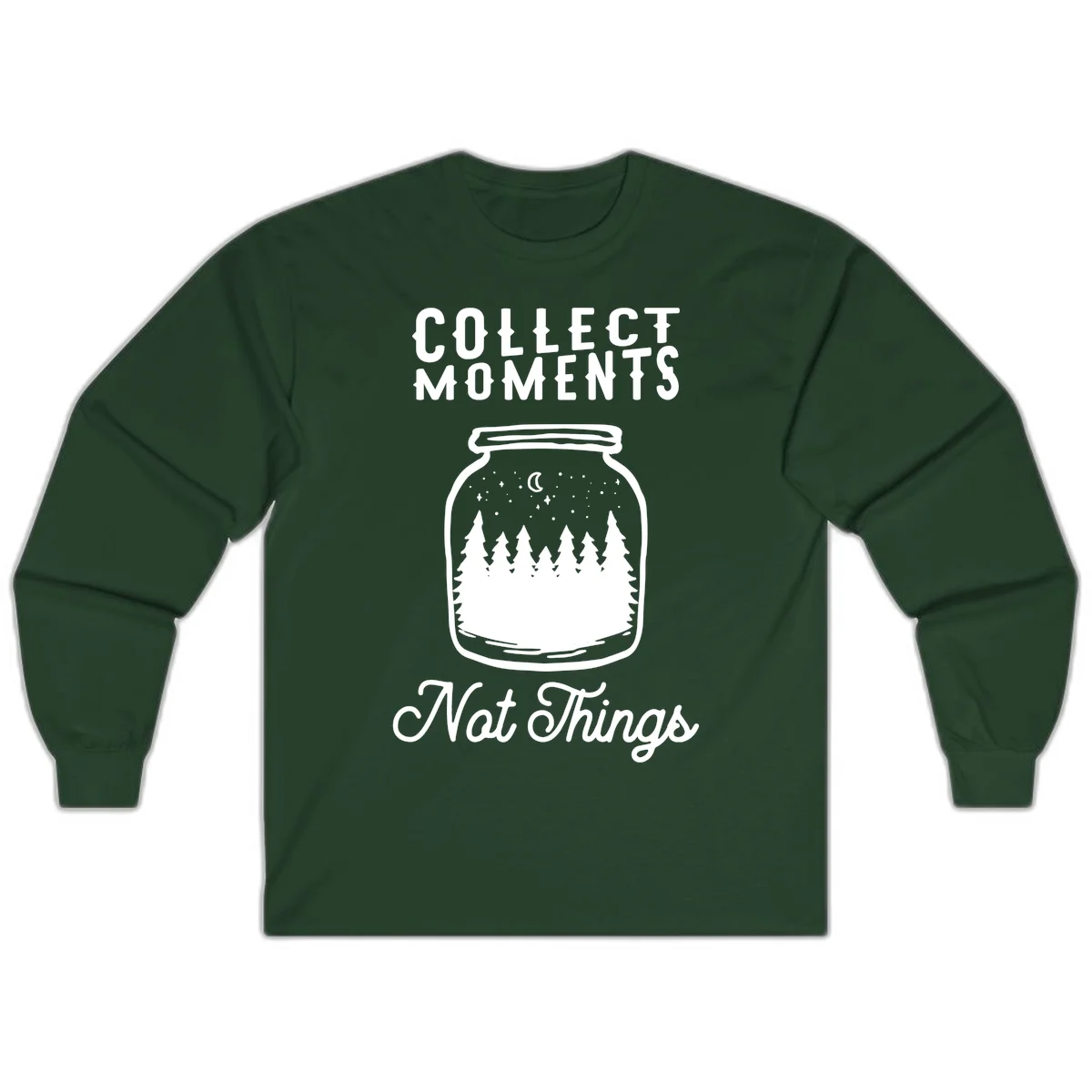 White illustrated mason jar filled with evergreen forest, moon, and stars with text 'Collect Moments Not Things' for camping enthusiasts in Forest Green